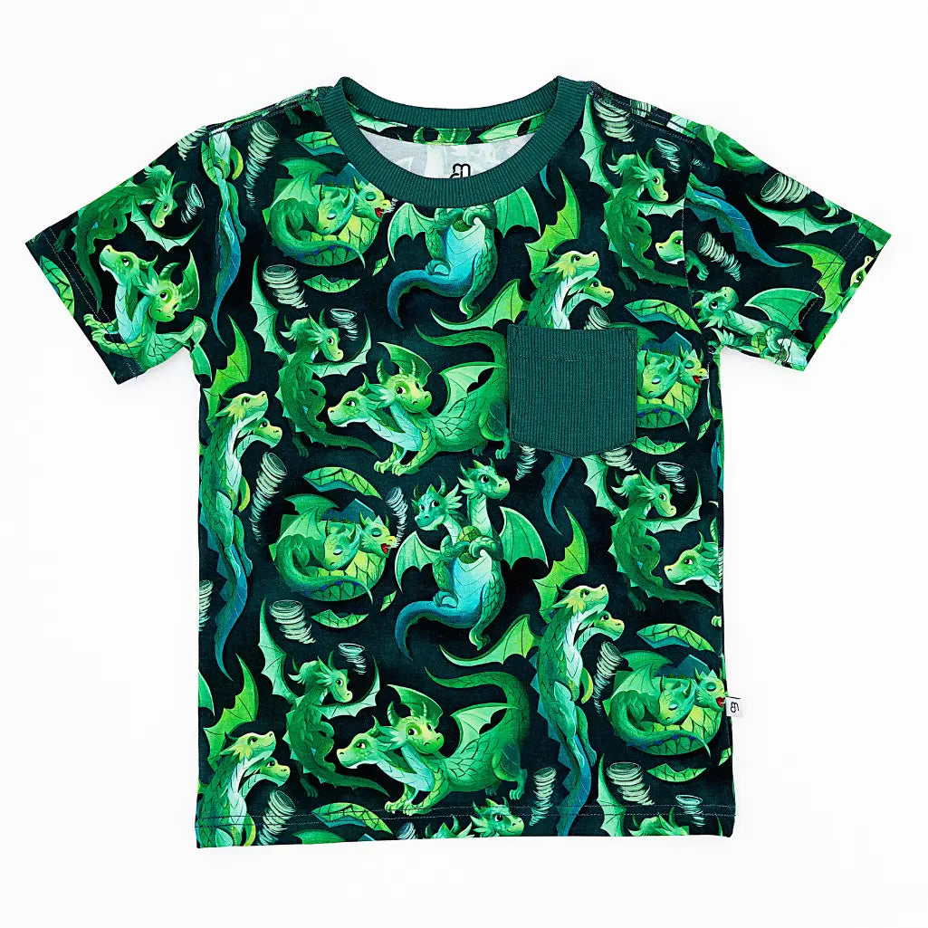 T-shirt with green dragon pattern on a black background