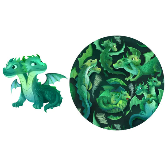 Hydra print showing a green cartoon dragon and a circular pattern of multiple green dragons among leaves on a white background