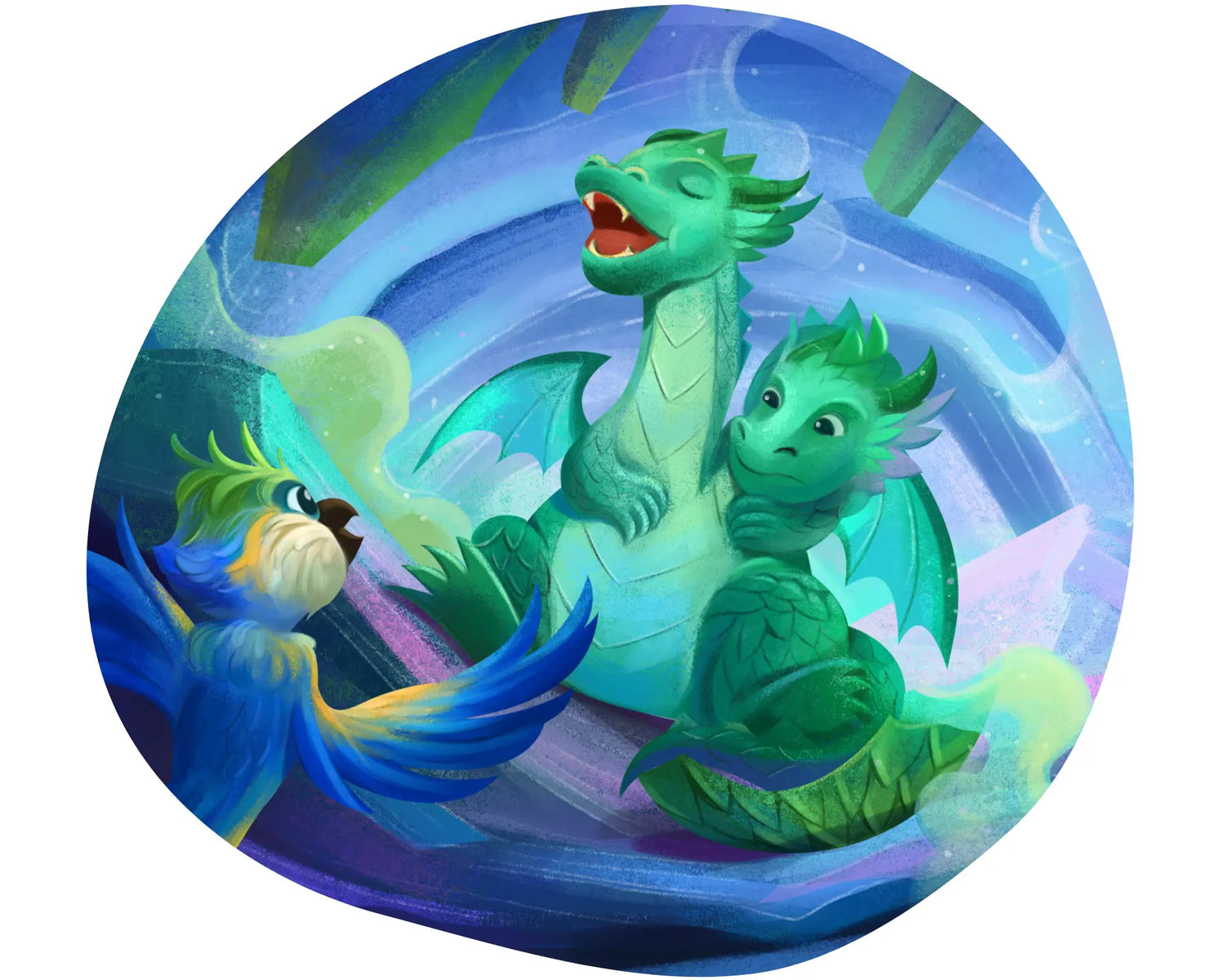Two green dragons and a blue bird in a circular frame with a blue gradient background