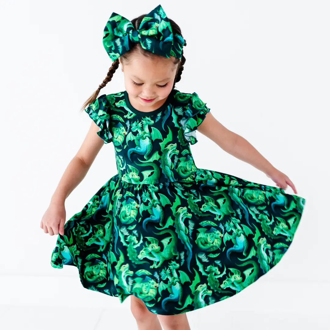 black and green dragon dress Hydra Dragon Kids Twirl Dress – Bamboo Girl Twirl Dress with Flutter Sleeves & Side Pockets