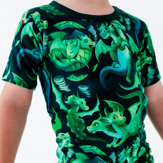 T-shirt with green dragon pattern worn by a person