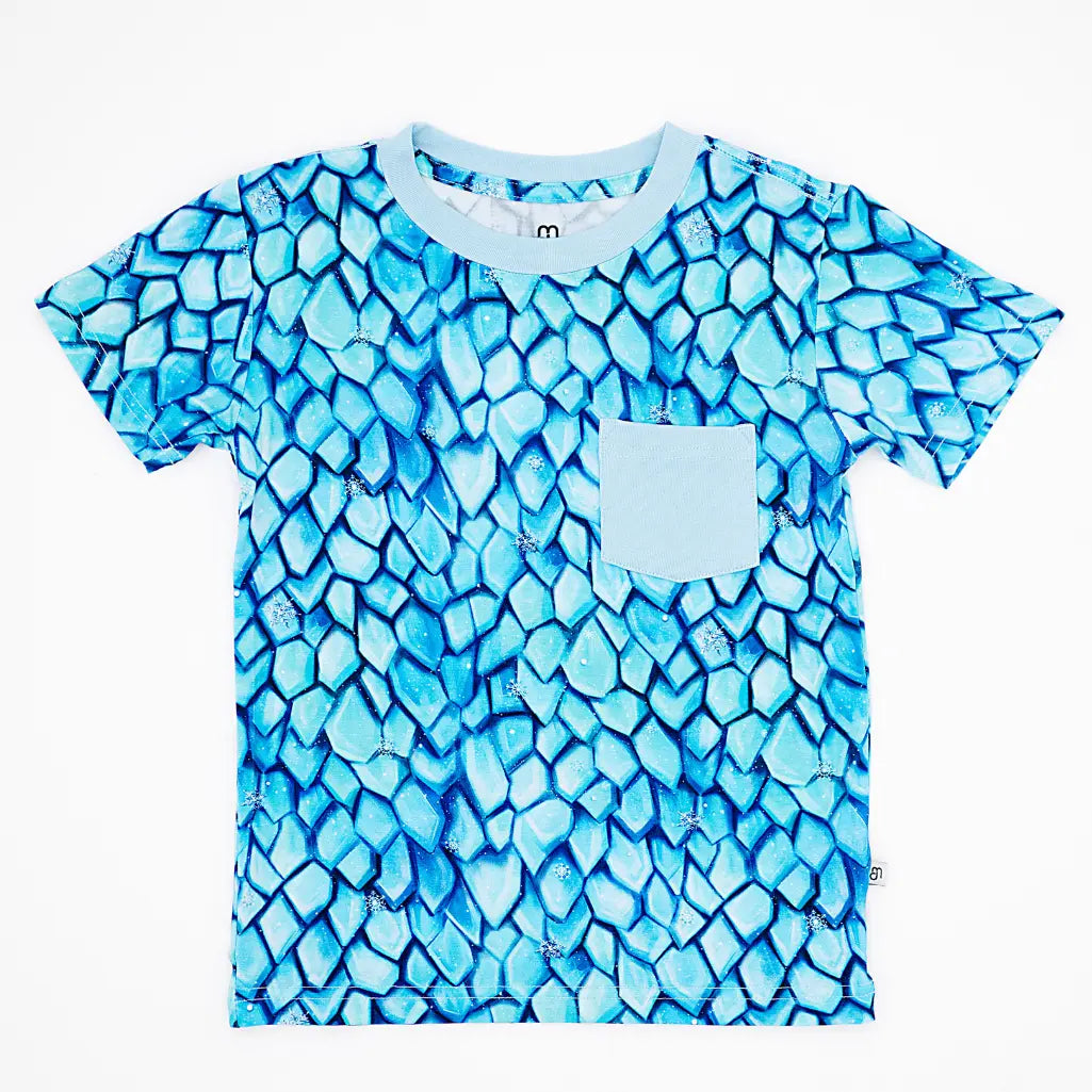 Blue patterned t-shirt with a pocket on a white background