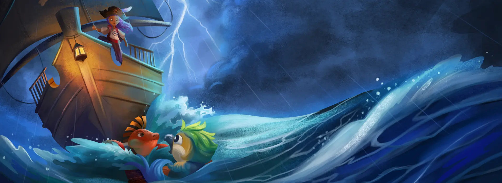 Wide stormy ocean banner with a pirate ship and captain on the left, lightning in a dark sky, large crashing waves, and a red iguana and a green-crested creature riding the waves in the foreground