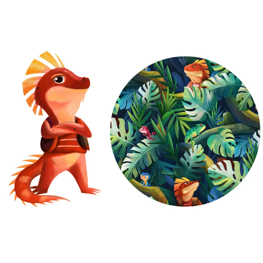 Iguana print showing a cartoon orange iguana and a circular jungle-leaf pattern with lizards on a white background