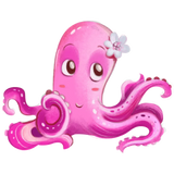 Pink cartoon octopus with a flower on a white background