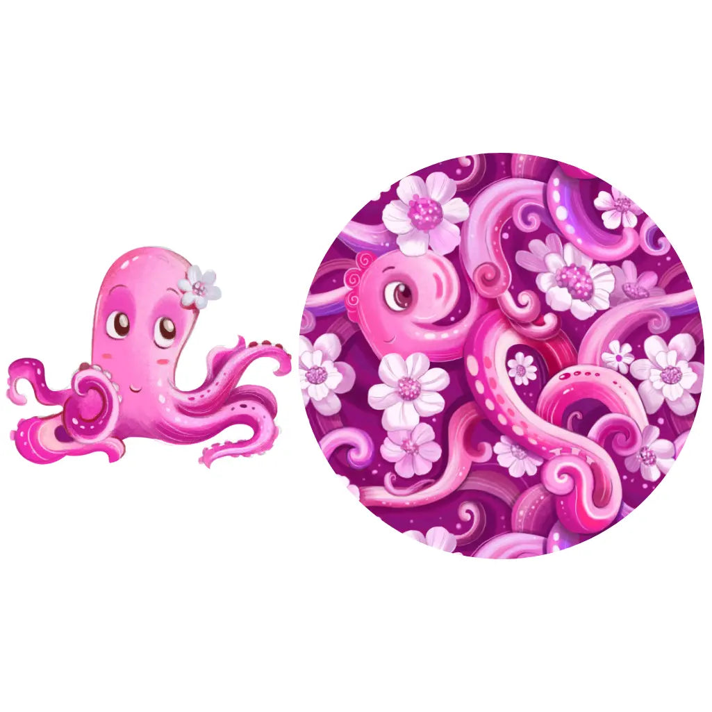 A colorful blanket featuring a playful pink octopus with swirling tentacles and white flowers on a pink background.
