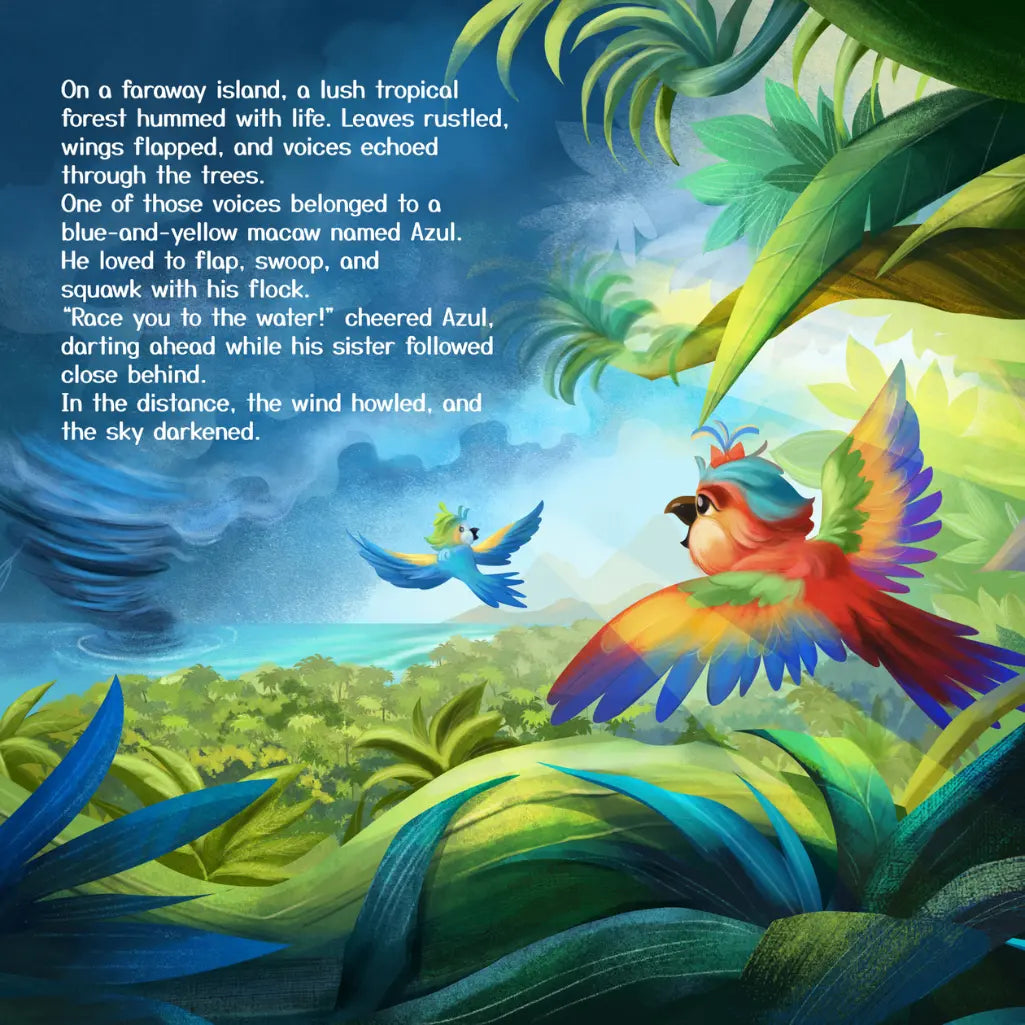 Colorful parrot in a tropical forest with a story text overlay