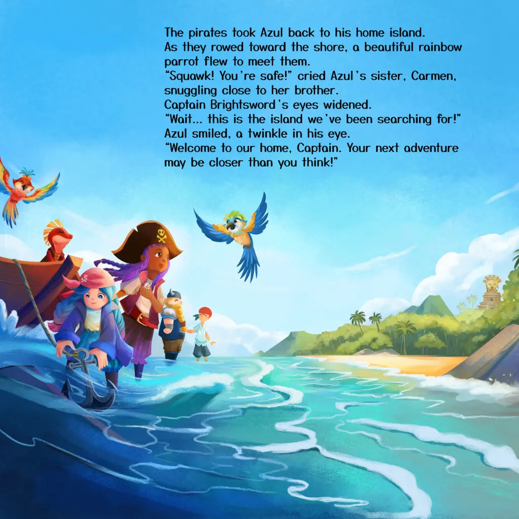 Storybook page showing a group of cartoon pirate characters wading ashore from a boat onto a tropical island beach, with colorful parrots flying overhead, green mountains and a temple ruin on the right, and a story text overlay across the top