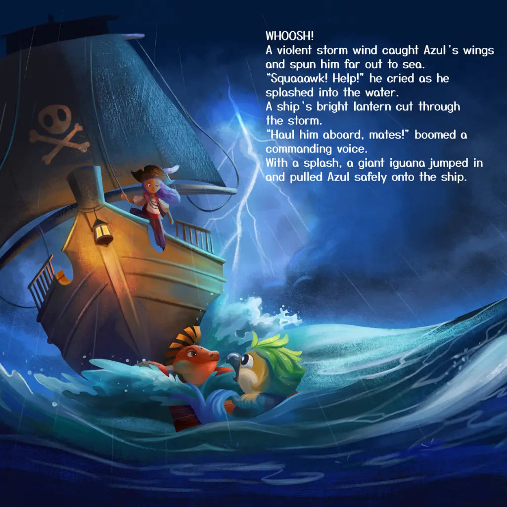 Illustration of a pirate ship with characters in the water and text describing a stormy scene.
