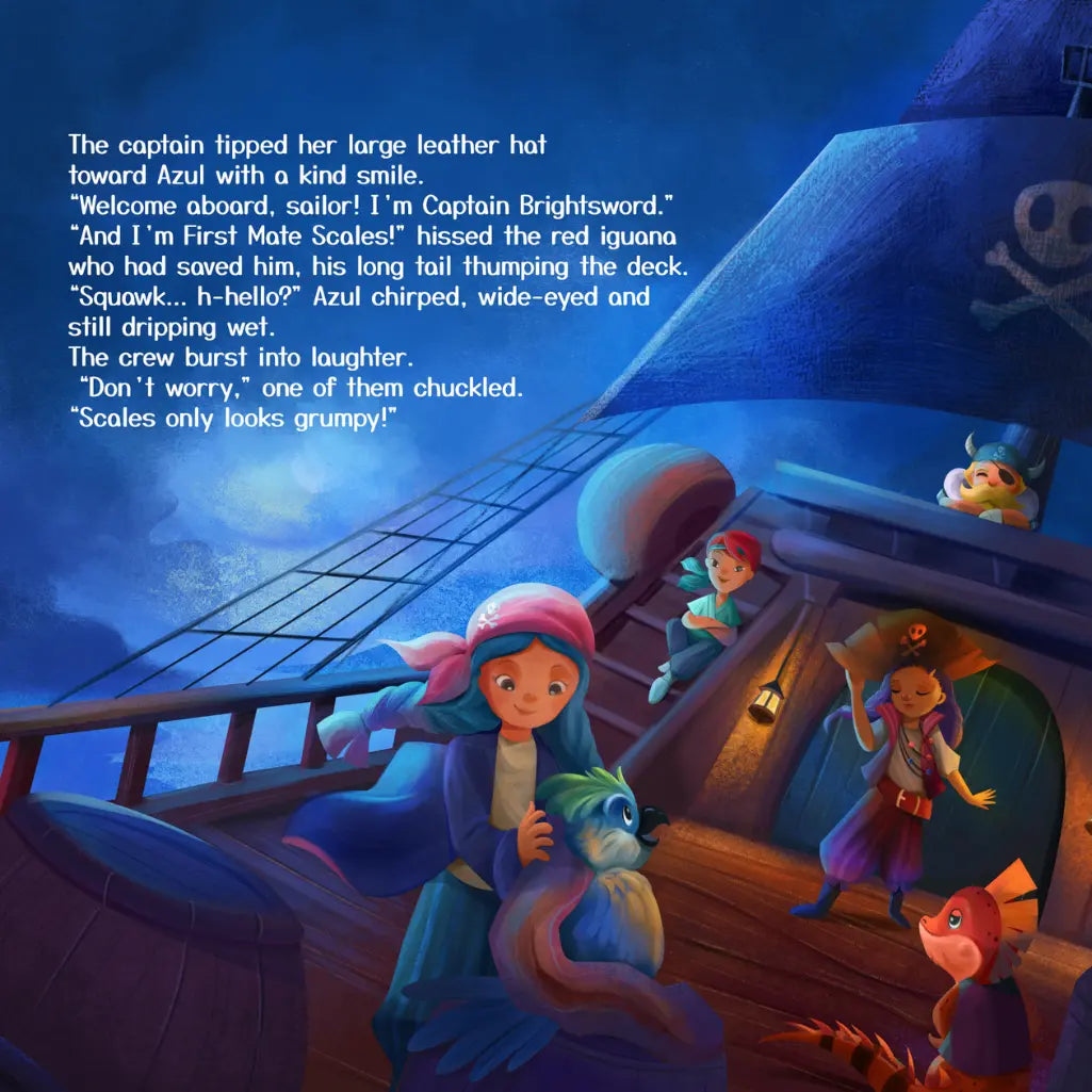 Illustration of a pirate ship with characters on deck, featuring a pirate captain and an iguana.