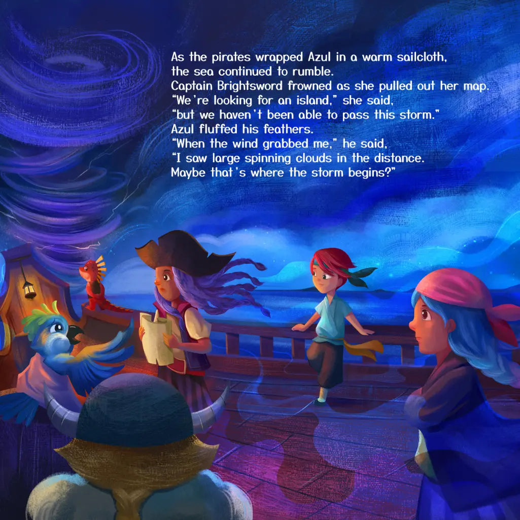 Illustration of pirates and mermaids on a ship with a stormy sea background