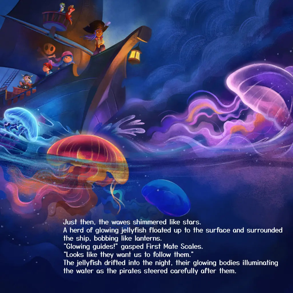Colorful illustration of a pirate ship with glowing jellyfish in an underwater scene.