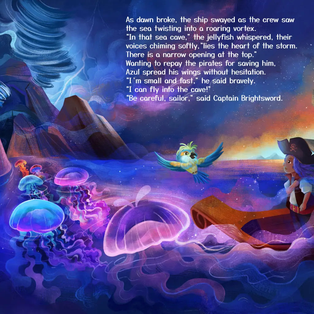 Storybook page showing a mystical sea scene with glowing pink and blue jellyfish in the foreground, a blue and yellow parrot flying in the center, and a pirate girl in a hat sitting on the right, with a story text overlay across the top