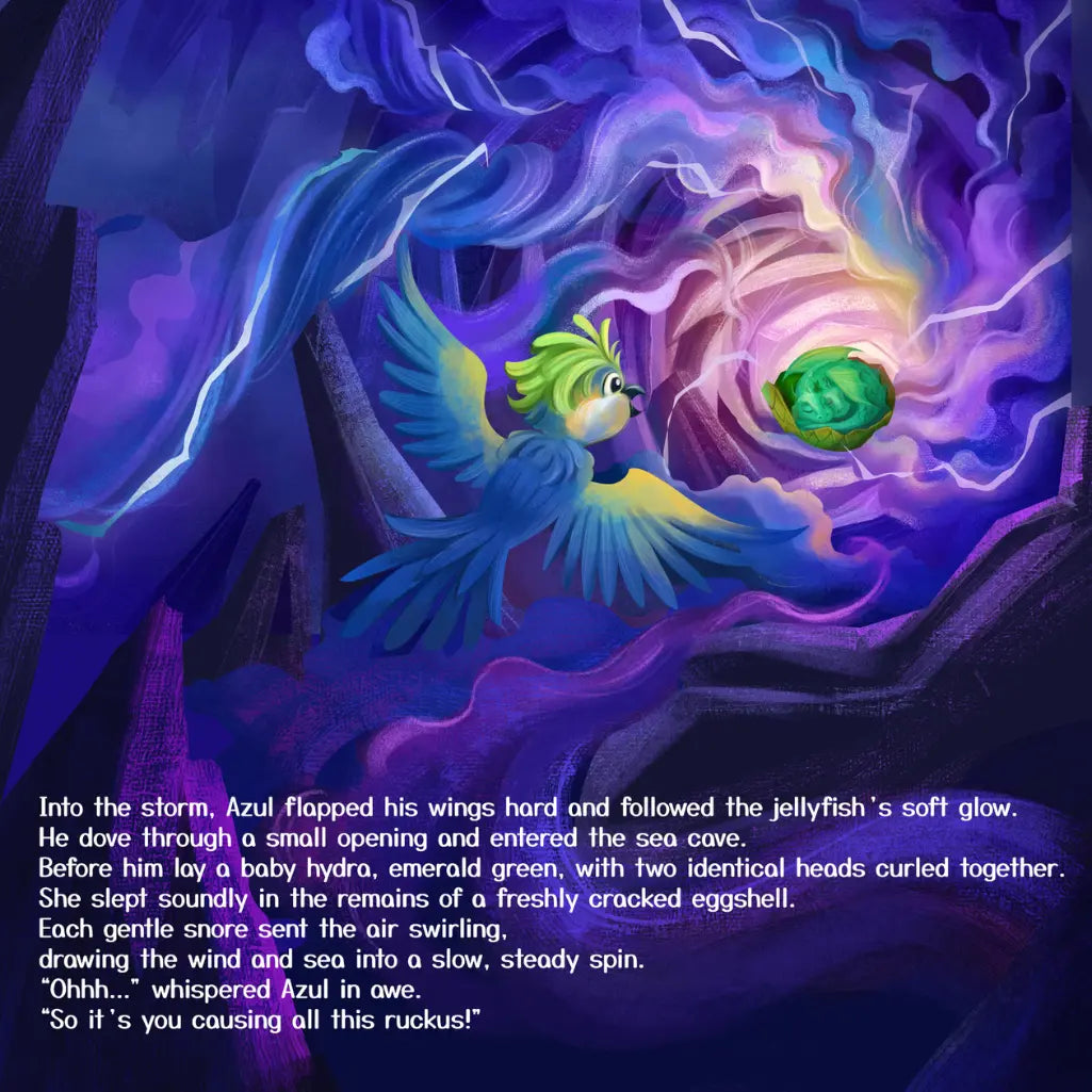 Storybook page showing a blue and yellow parrot flying into a glowing purple sea cave toward a small green baby hydra, with a story text overlay across the bottom
