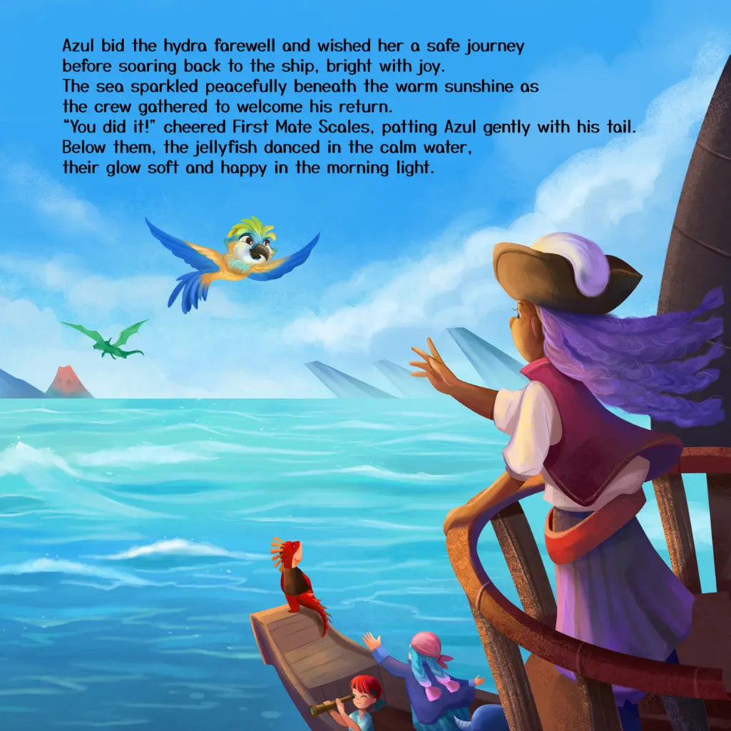 Storybook page showing a purple-haired pirate girl on a ship's deck waving at a blue and yellow parrot flying over a sunny ocean, with a small green dragon and other children nearby, and a story text overlay across the top