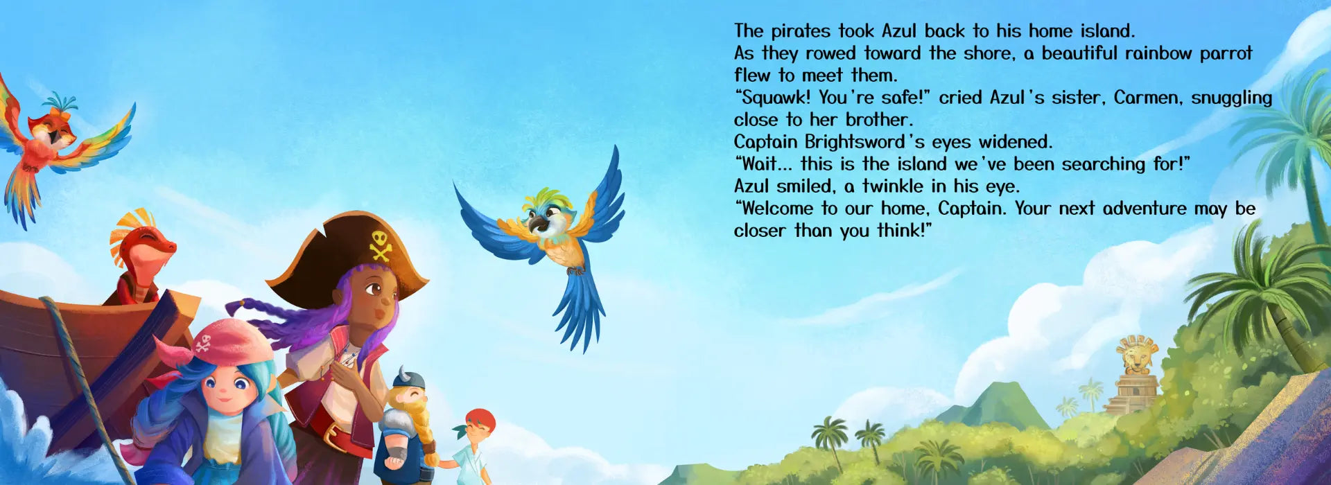 Illustration of pirates and a rainbow parrot with a tropical island background