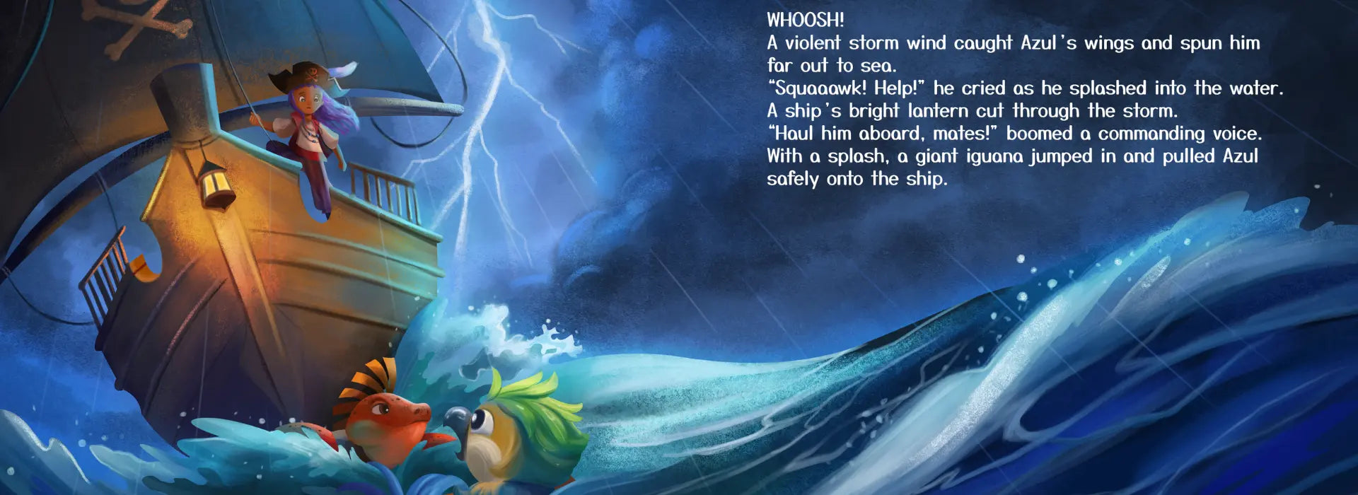 Animated scene with a character on a ship in rough waters, surrounded by lightning.