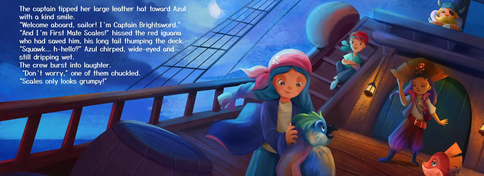 Illustration of a character on a ship with text overlay