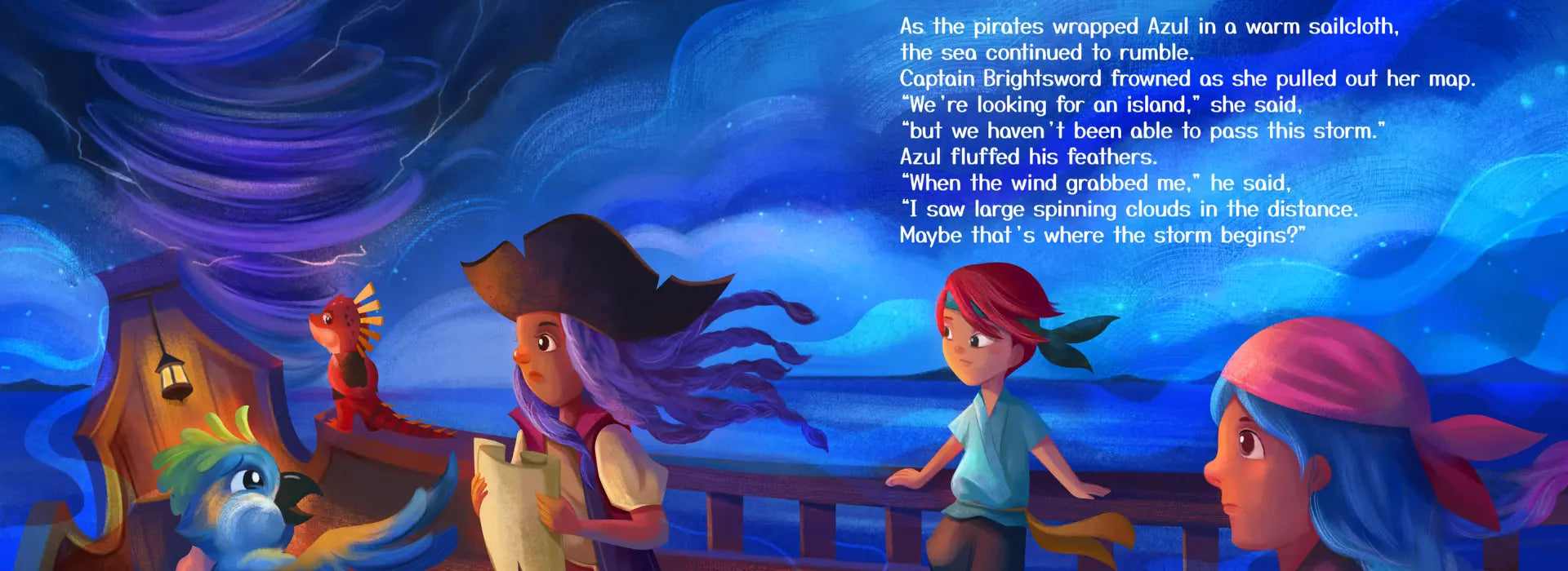 Illustration of a pirate ship with characters on deck against a blue ocean background.