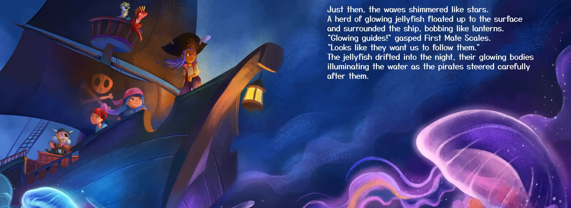Illustration of a pirate ship with characters and glowing jellyfish, set against a starry night sky.