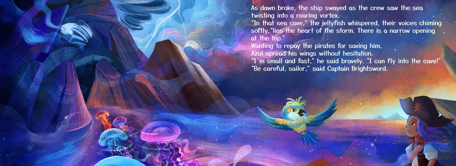 Colorful illustration with characters and text in a fantasy setting