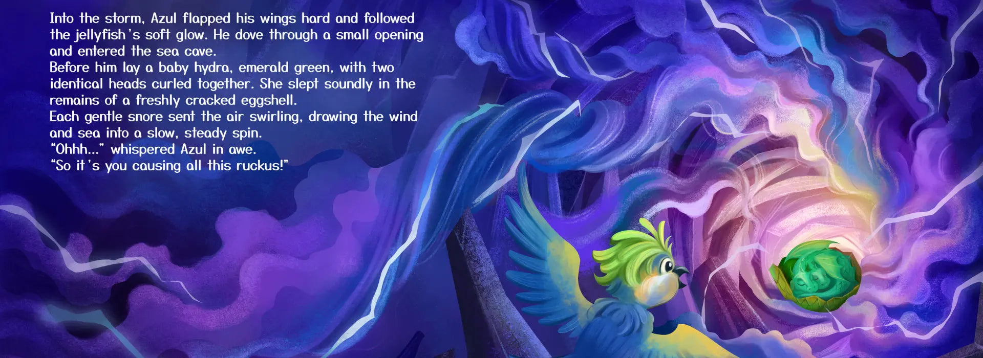 Colorful underwater scene with a jellyfish and a bird, featuring text on the left.