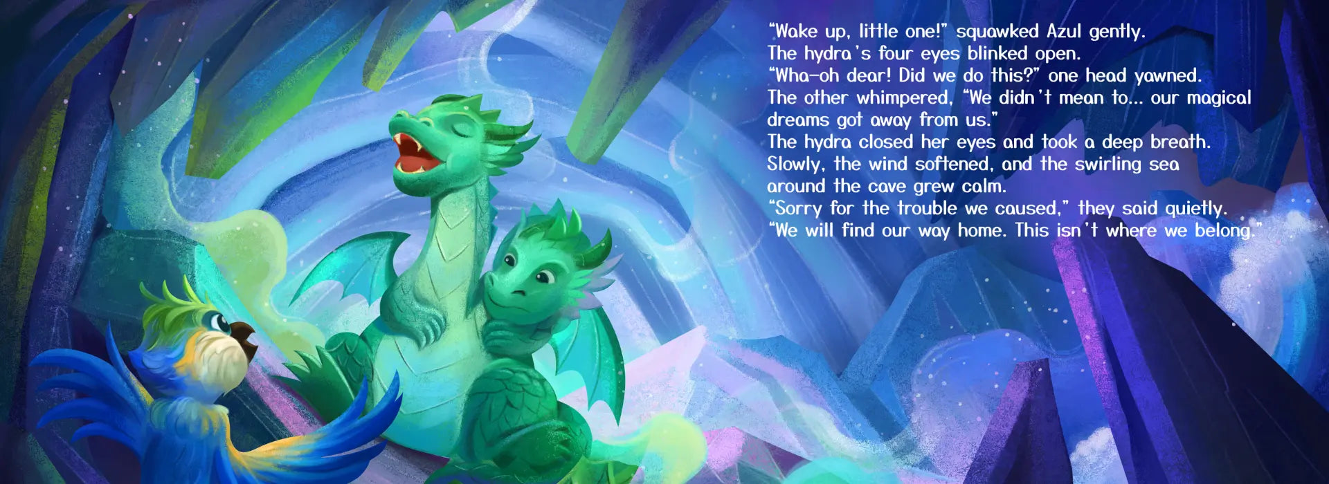 Fantasy scene with dragons and mystical elements, featuring text.