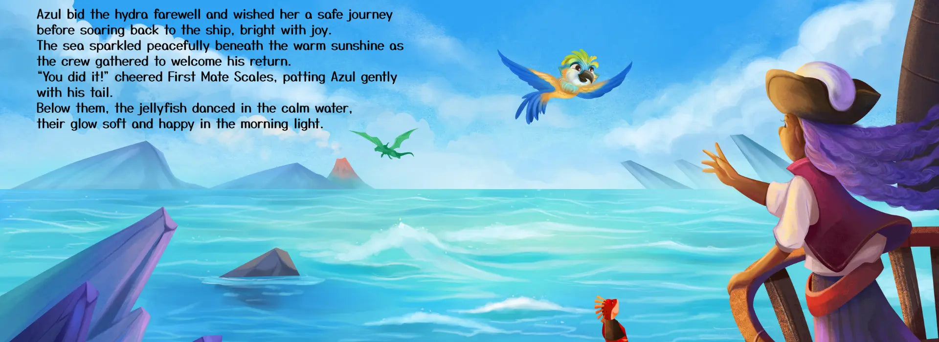 Illustration of a character on a boat with a dolphin and birds in the ocean, with text overlay.