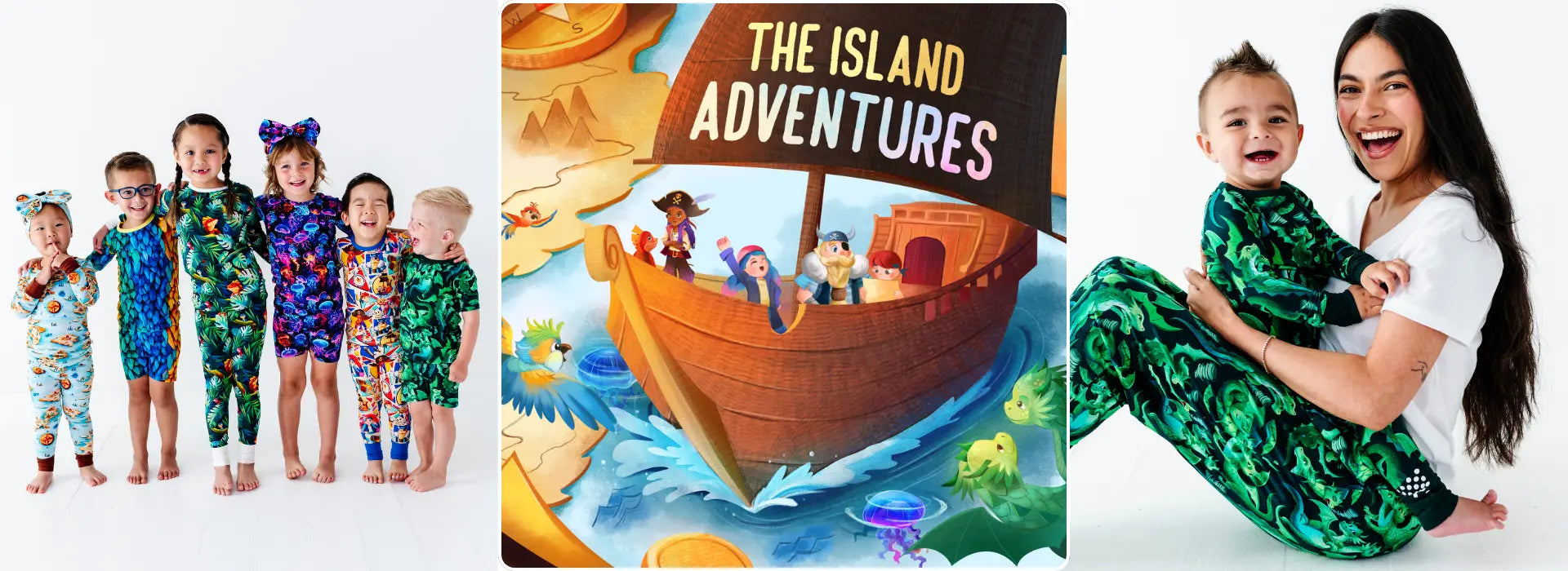 Children's pajama set with cartoon characters, children with a book titled 'The Island Adventures', and a woman with a child wearing matching pajamas.