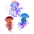Three colorful jellyfish illustrations in pink, orange, and blue on a transparent background