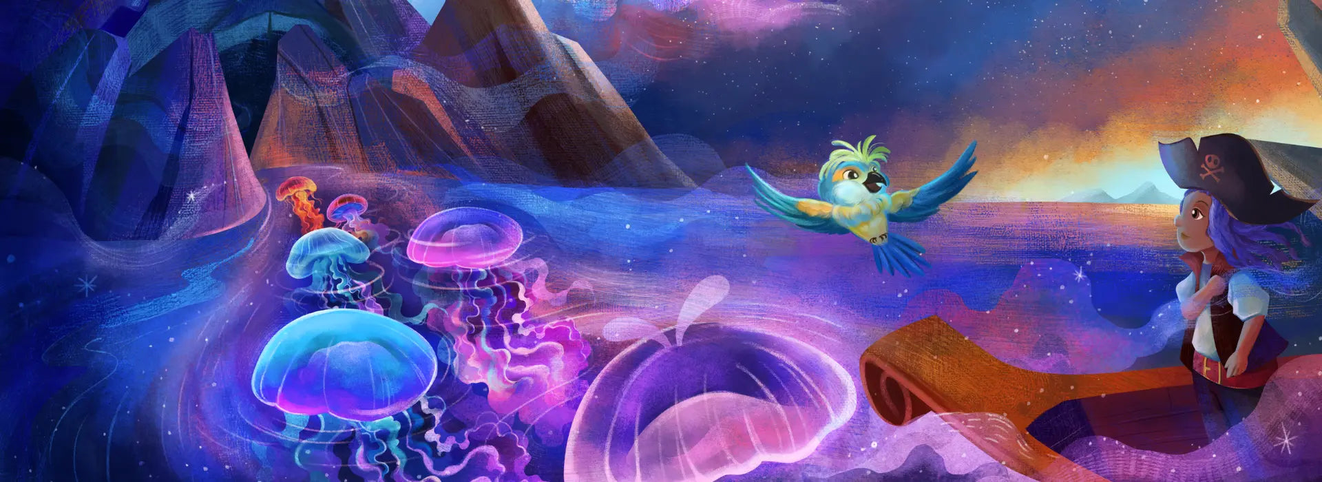 Wide fantasy banner with glowing pink and blue jellyfish on the left, a blue and yellow parrot flying in the center, and a pirate girl in a hat sitting on a ship's mast on the right, under a starry sunset sky