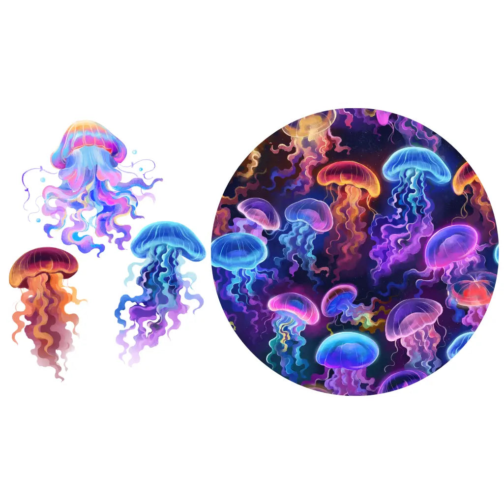 Colorful neon jellyfish illustrations, with individual jellyfish and a circular collage of glowing jellyfish on a white background
