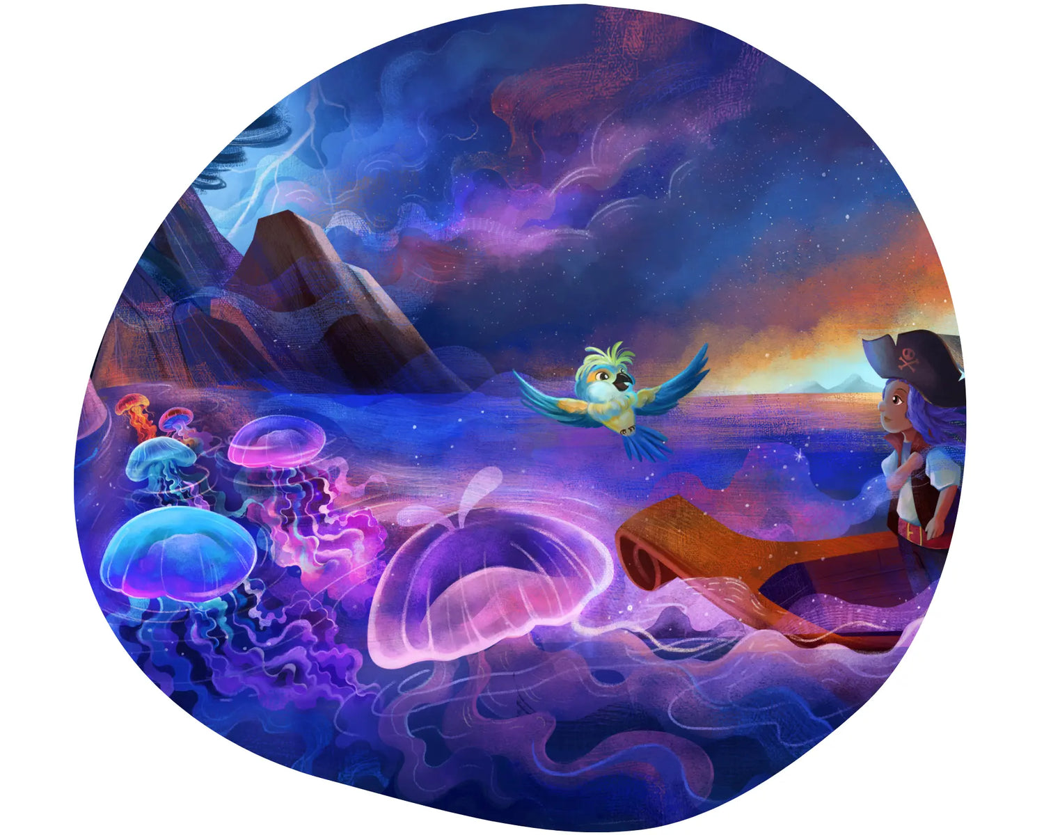 Fantasy scene with a parrot, jellyfish, and a character in a boat under a colorful sky.