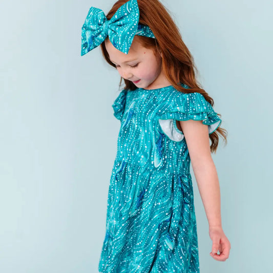 Young girl wearing a blue dress with a matching bow headband against a light blue background