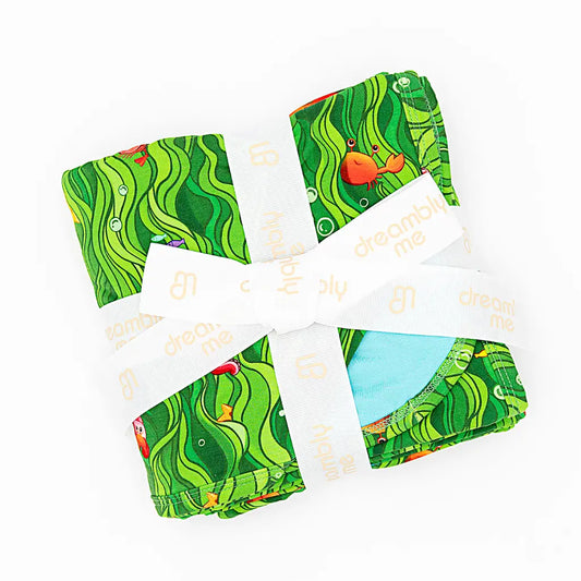 Set of green patterned cards with white labels on a white background