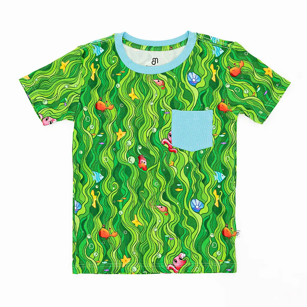 Children's t-shirt with underwater-themed design on a white background