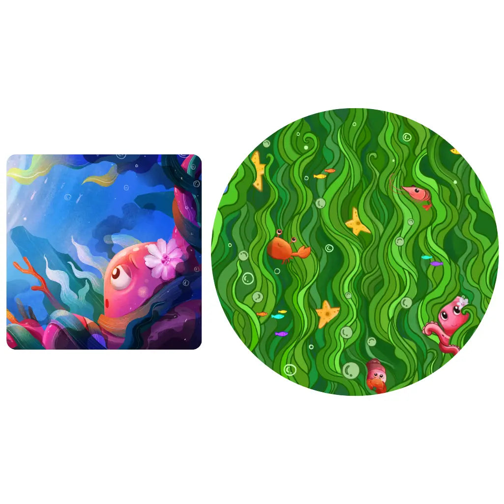 Colorful underwater scene with fish and plants on a white background