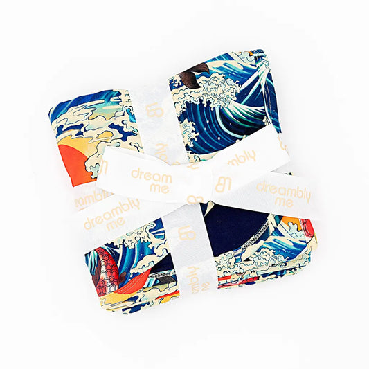 Four colorful puzzle pieces with wave designs on a white background