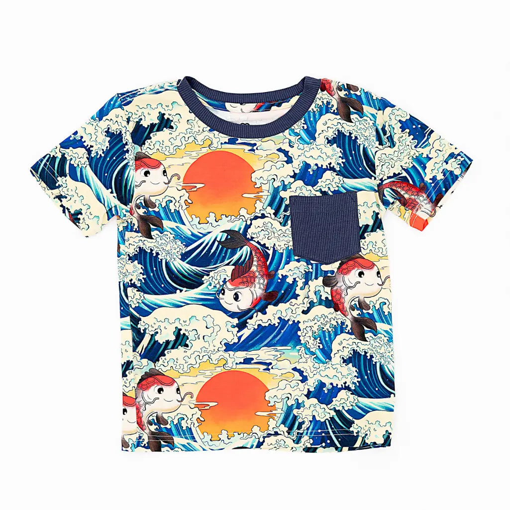 Children's t-shirt with a cartoon character on waves and sun design