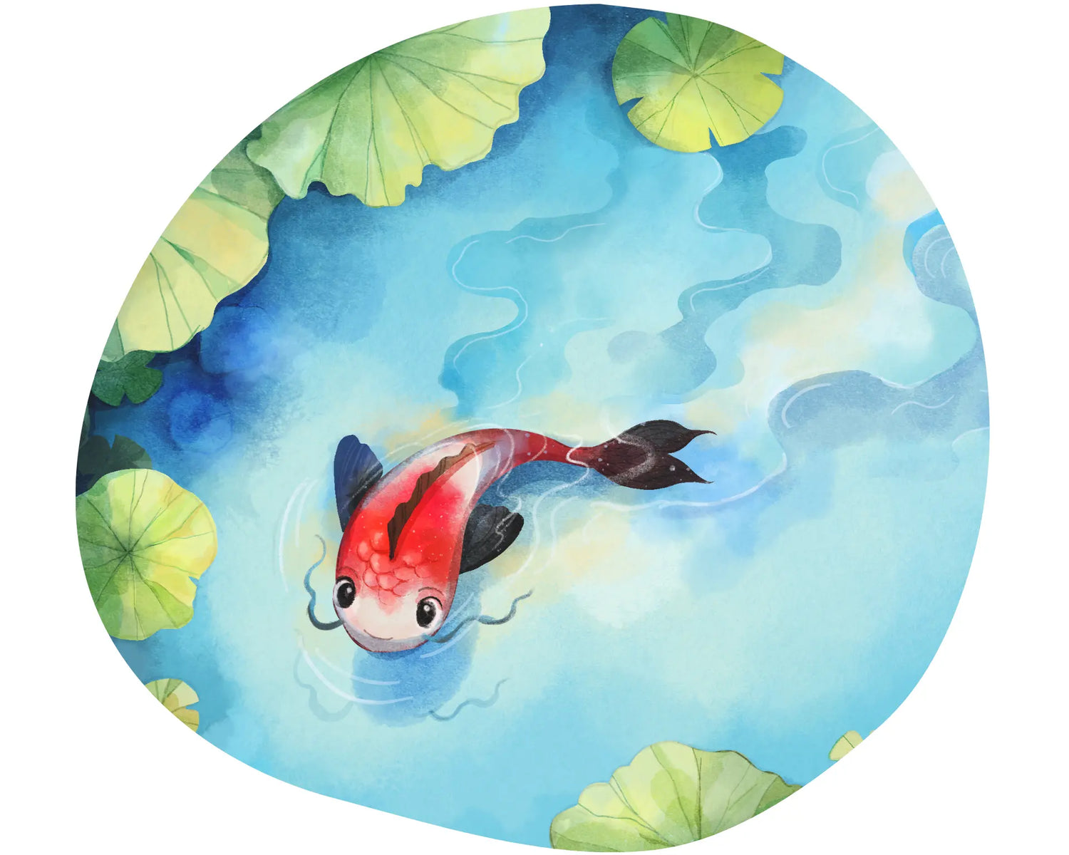 Round placemat with a red and white fish and green leaves on a blue background