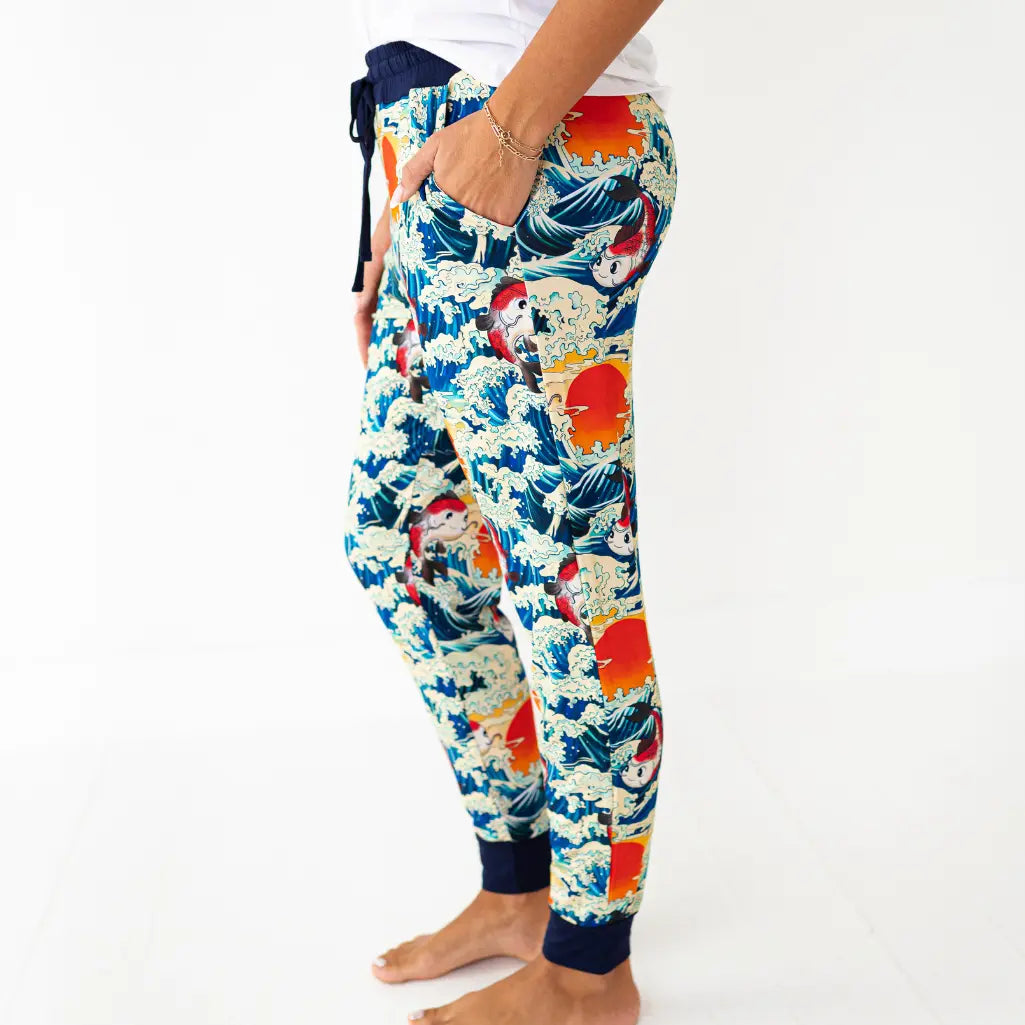 Colorful patterned pants with a white background