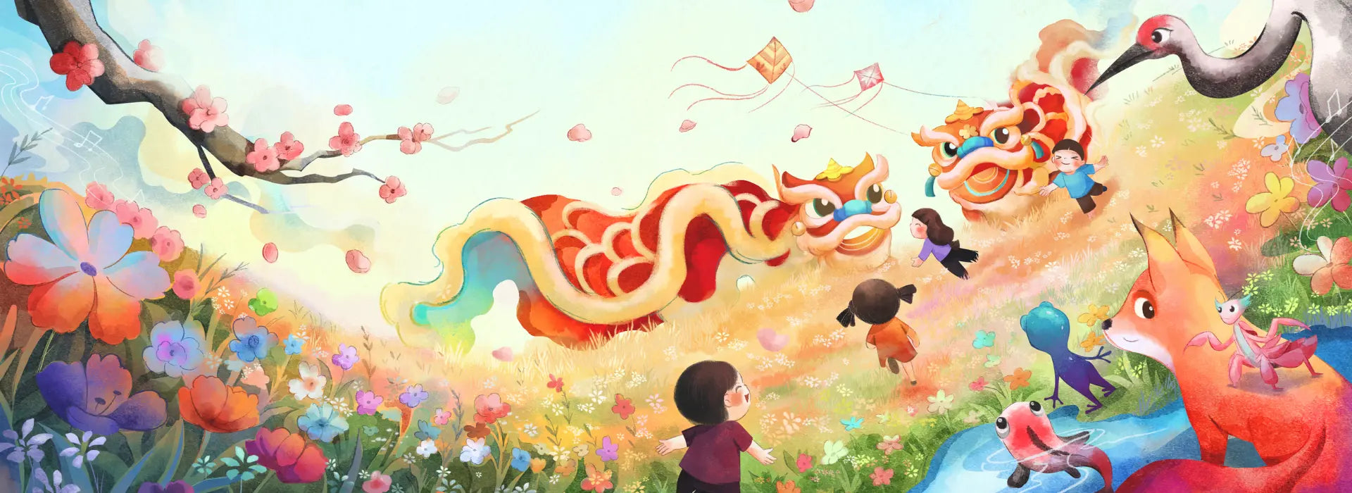 Colorful illustration of children playing with a dragon in a garden.