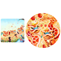 A festival scene of lion dancers beside a round swatch of a red and gold lion dance print with lanterns.