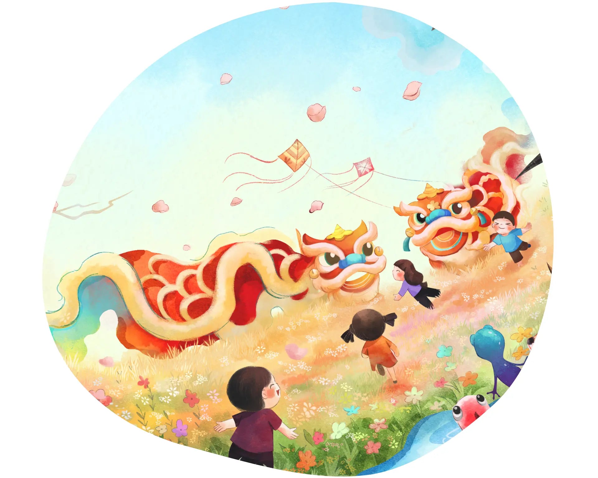 Colorful illustration of children playing with a dragon and kites in a garden.