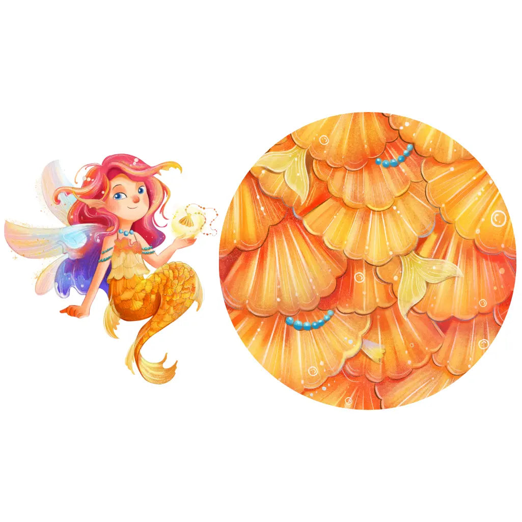 Illustration of a sea fairy with golden wings and seashell scales, alongside a blanket with a golden seashell pattern.