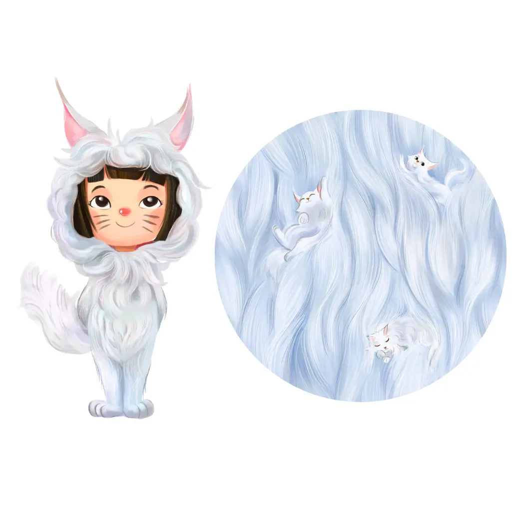 Illustration of a person in a white cat costume with a circular inset showing a blue marble pattern with cat illustrations.