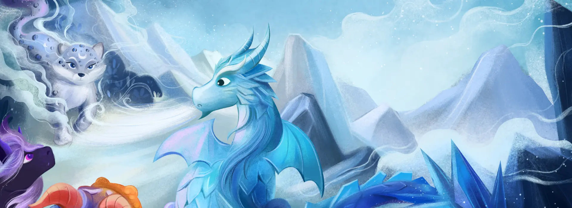 Cartoon dragon in a snowy landscape with mountains and clouds.