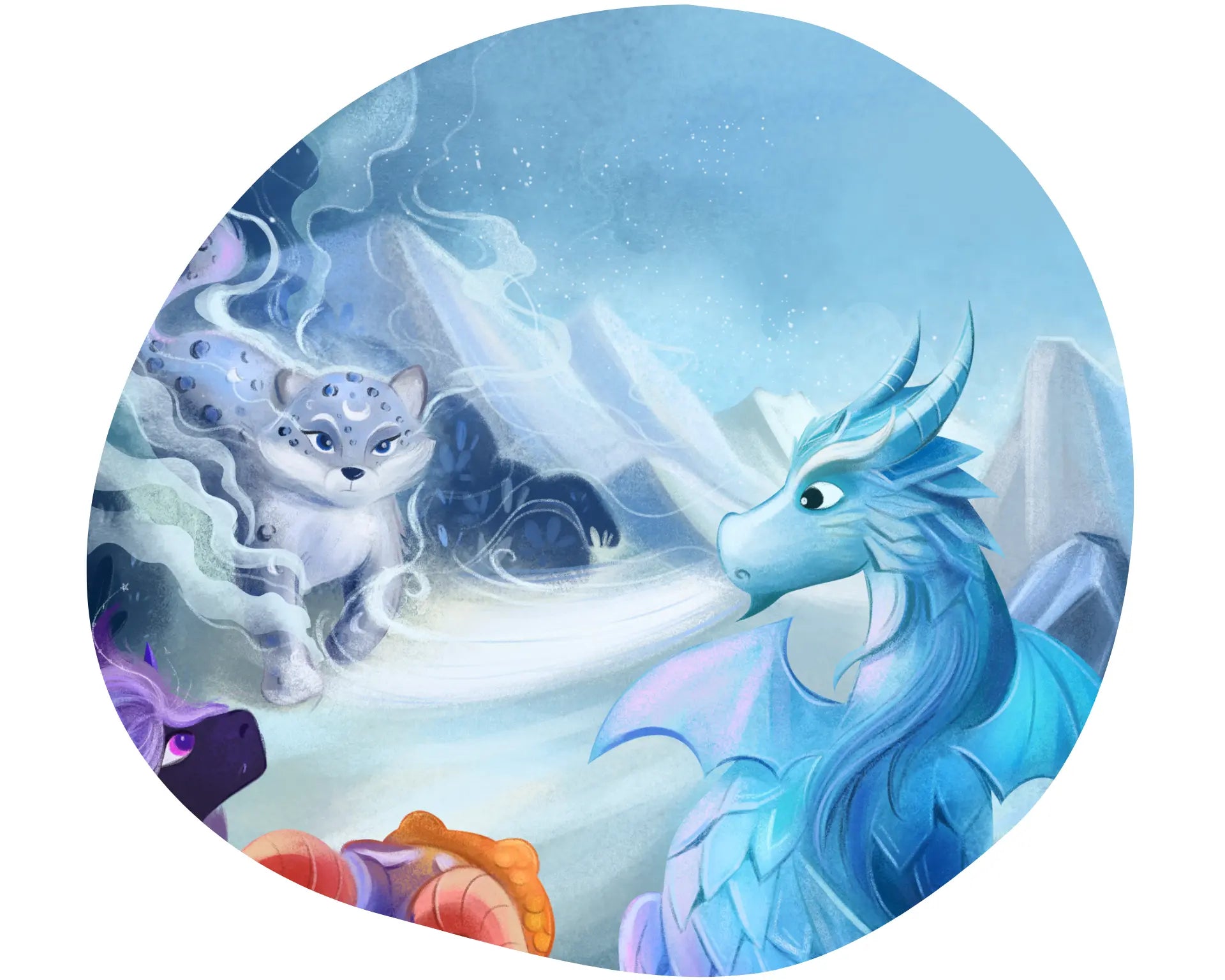 Illustration of a dragon and a wolf in a snowy landscape with a rainbow in the background.