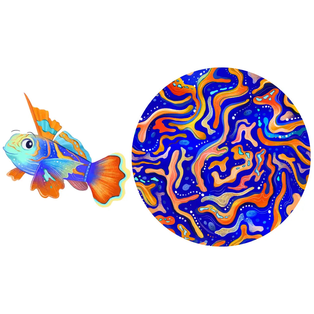 A vibrant patterned headband designed to resemble a mandarin fish with blue and orange swirls and maze-like designs against a white background.