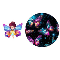 Illustration of a cartoon fairy with rainbow butterfly wings next to a circular print swatch of glowing butterflies on black.